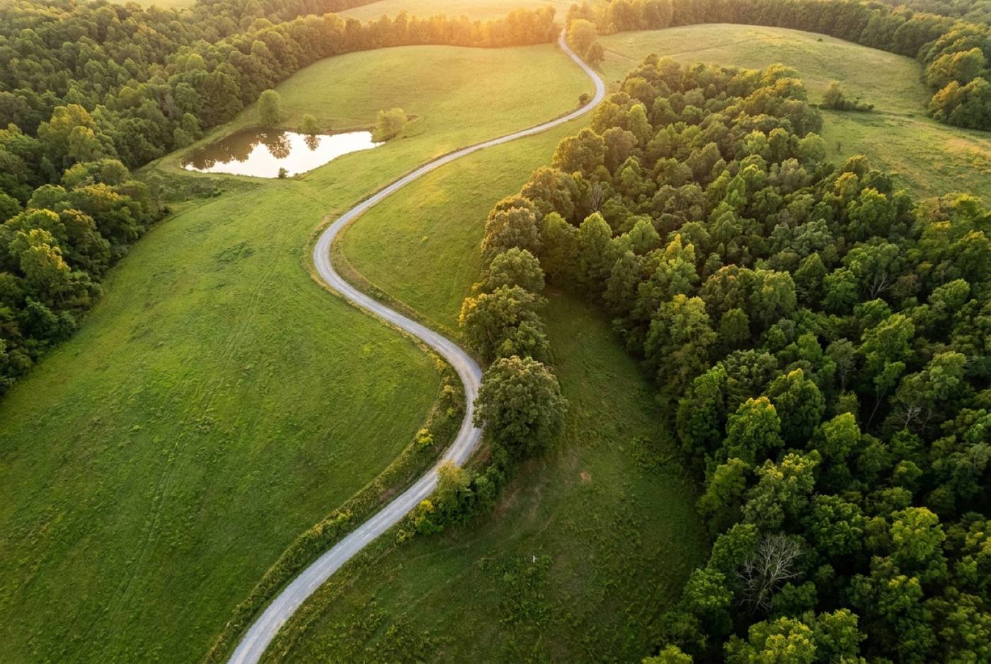 Aerial view of rolling green pasture with a gravel farm road winding between wooded ridges and a small pond