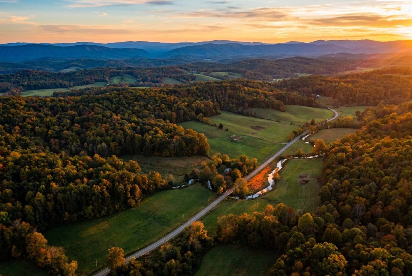 Aerial view of Southwest Virginia foothills, forest and farmland
